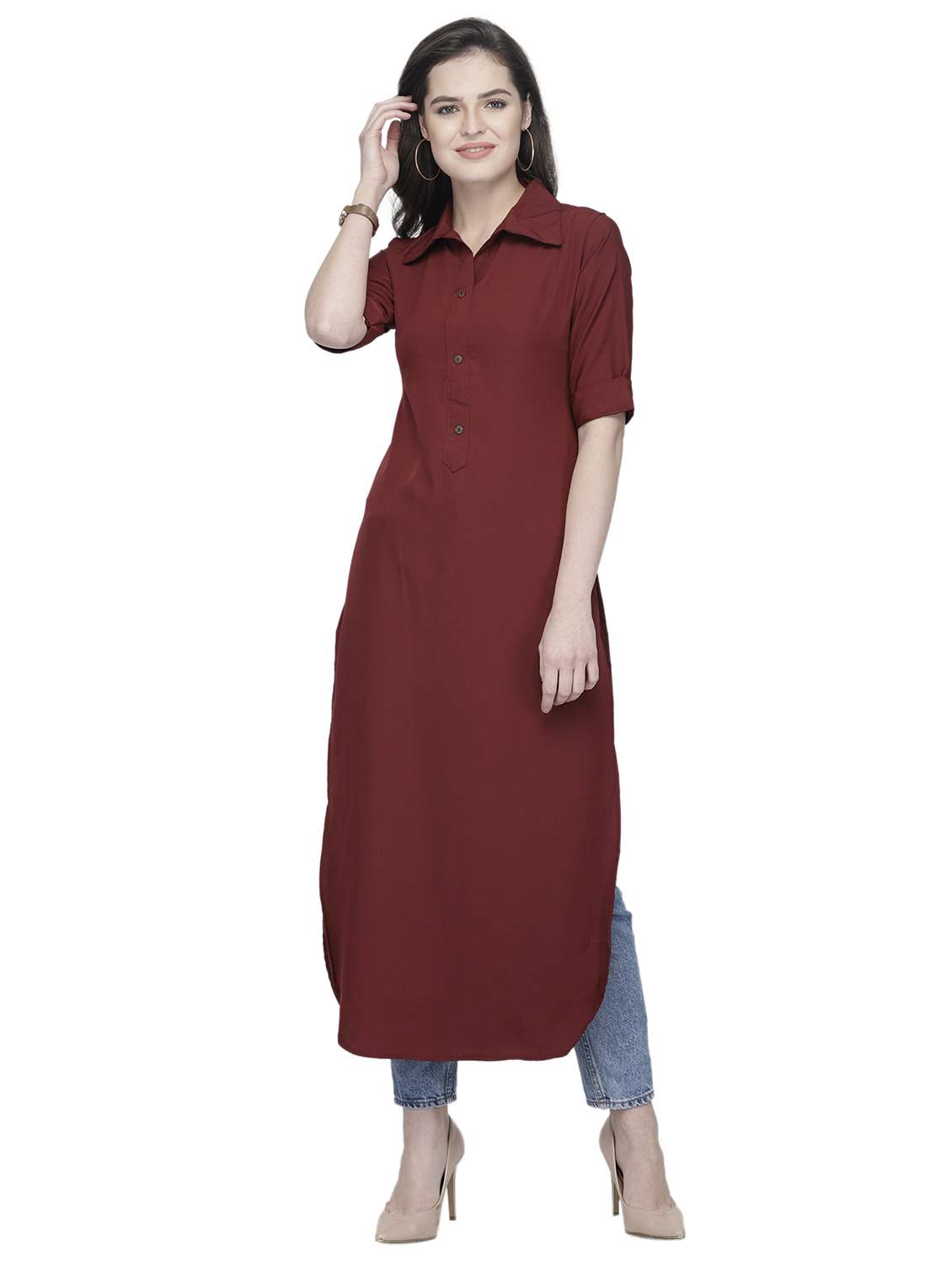 women solid short sleeve straight kurta