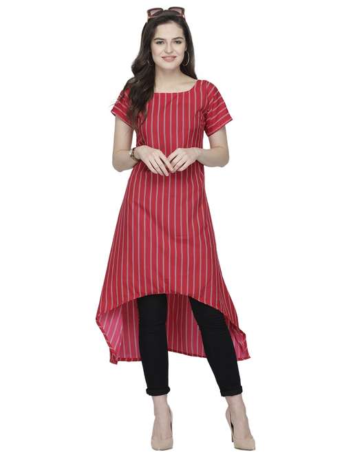 women striped short sleeve high-low kurta - 22102974 -  Standard Image - 0