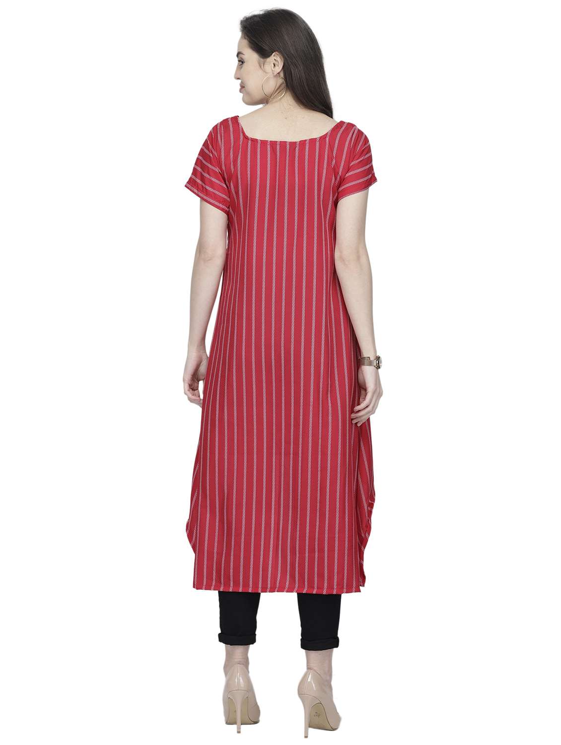 women striped short sleeve high-low kurta - 22102974 -  Standard Image - 3