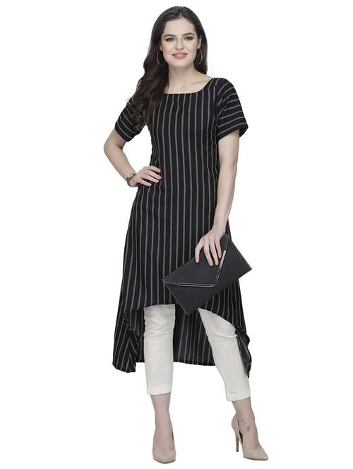 women striped short sleeve high-low kurta - 22102975 -  Standard Image - 0
