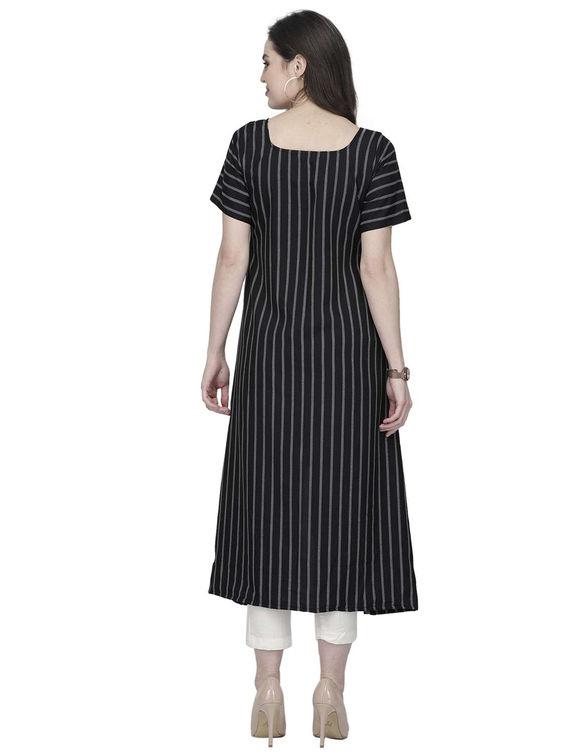 women striped short sleeve high-low kurta - 22102975 -  Standard Image - 3