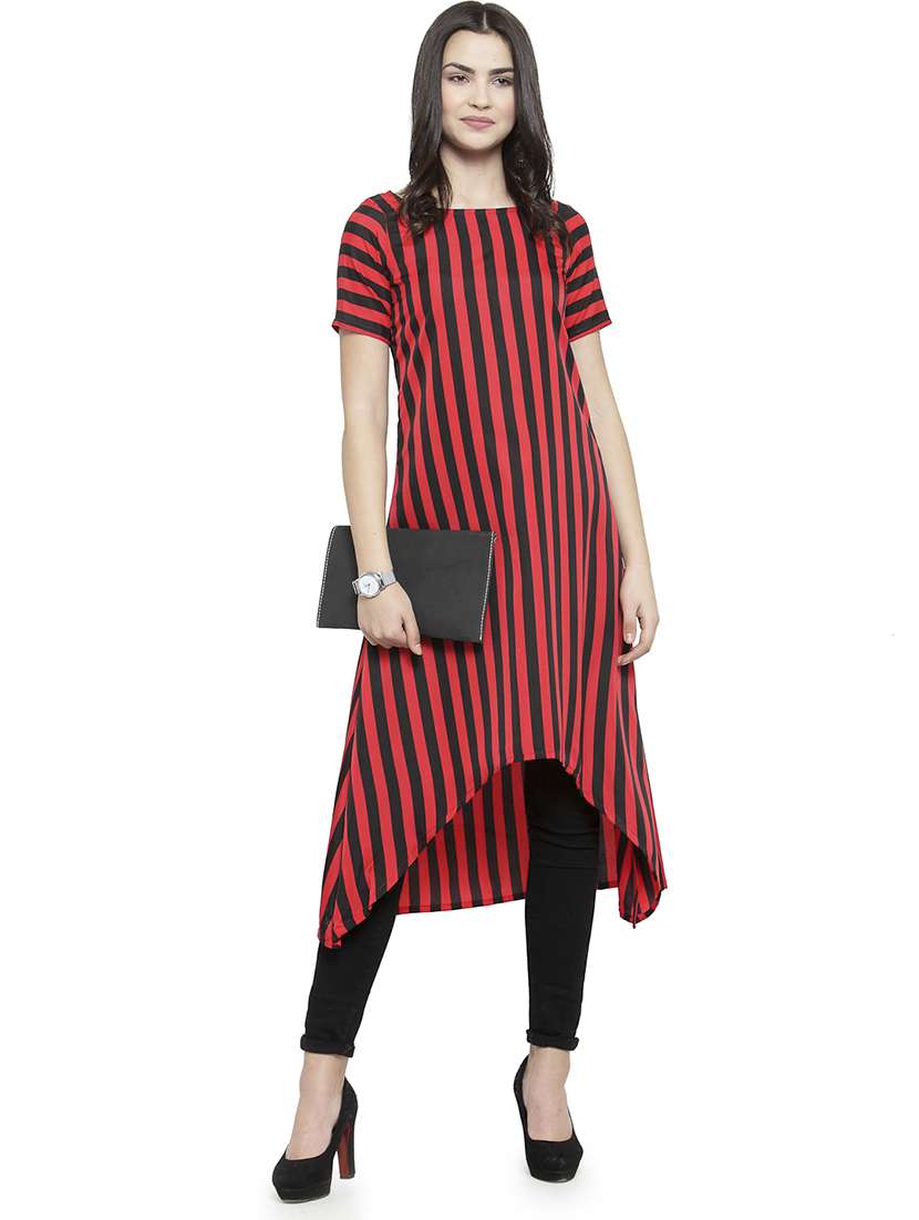 women striped short sleeve high-low kurta