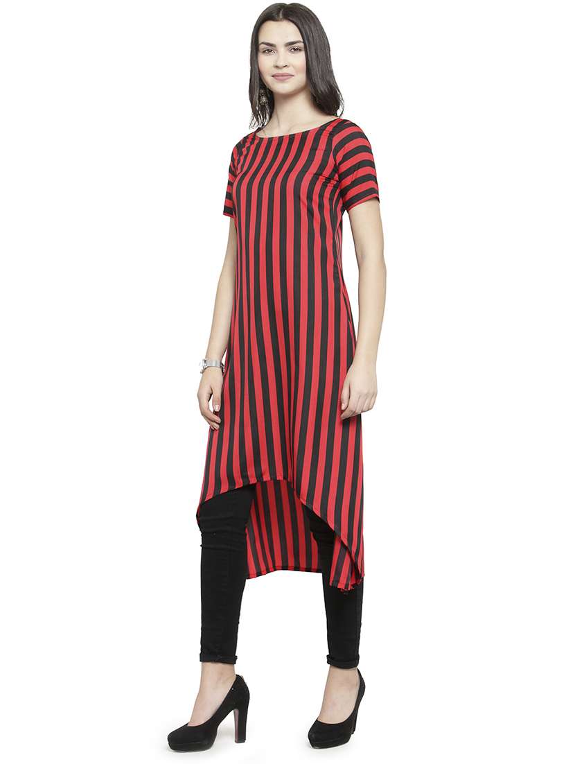 women striped short sleeve high-low kurta - 22102976 -  Standard Image - 3