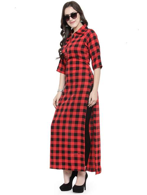 women checkered three quarter sleeve straight kurta - 22102977 -  Standard Image - 0