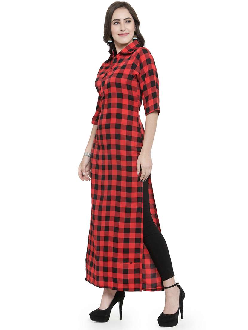women checkered three quarter sleeve straight kurta - 22102977 -  Standard Image - 3