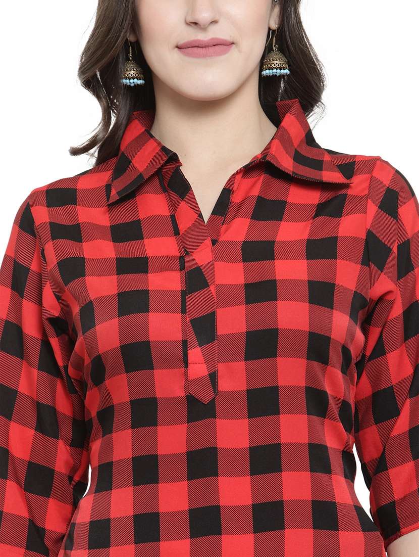 women checkered three quarter sleeve straight kurta - 22102977 -  Standard Image - 5