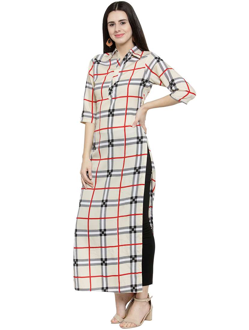 women checkered three quarter sleeve straight kurta - 22102978 -  Standard Image - 3
