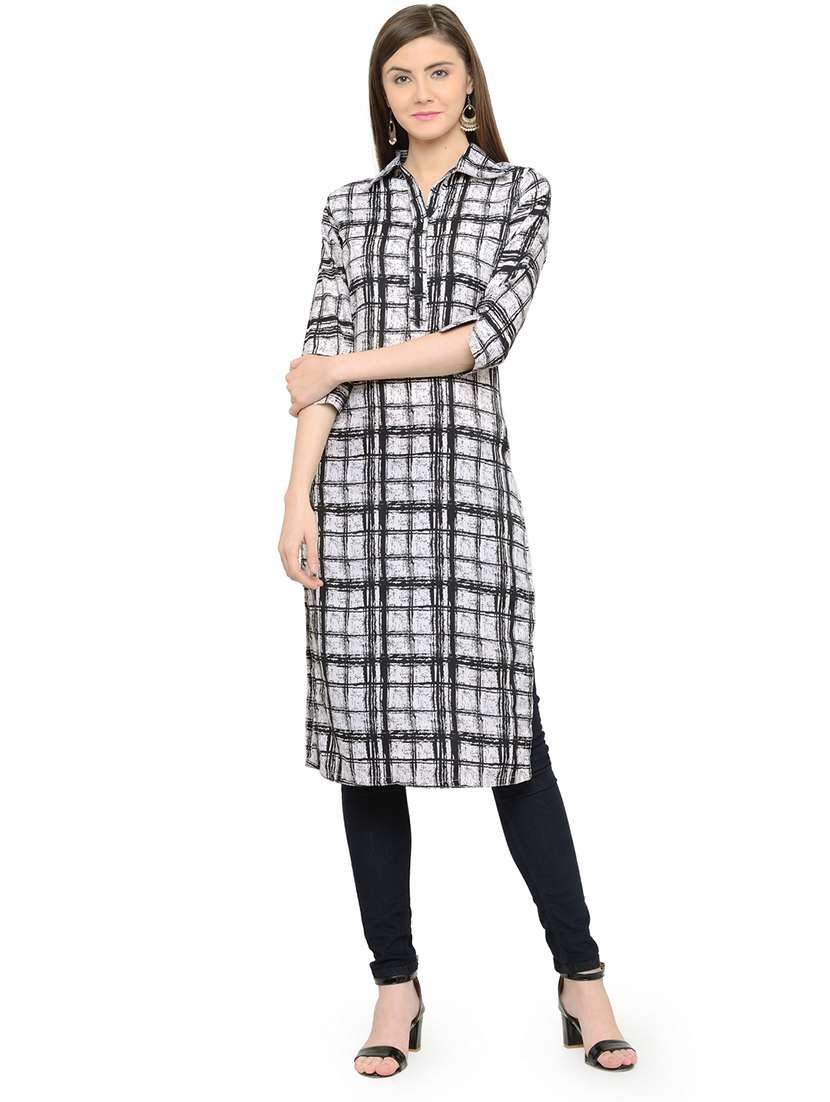 women checkered three quarter sleeve straight kurta