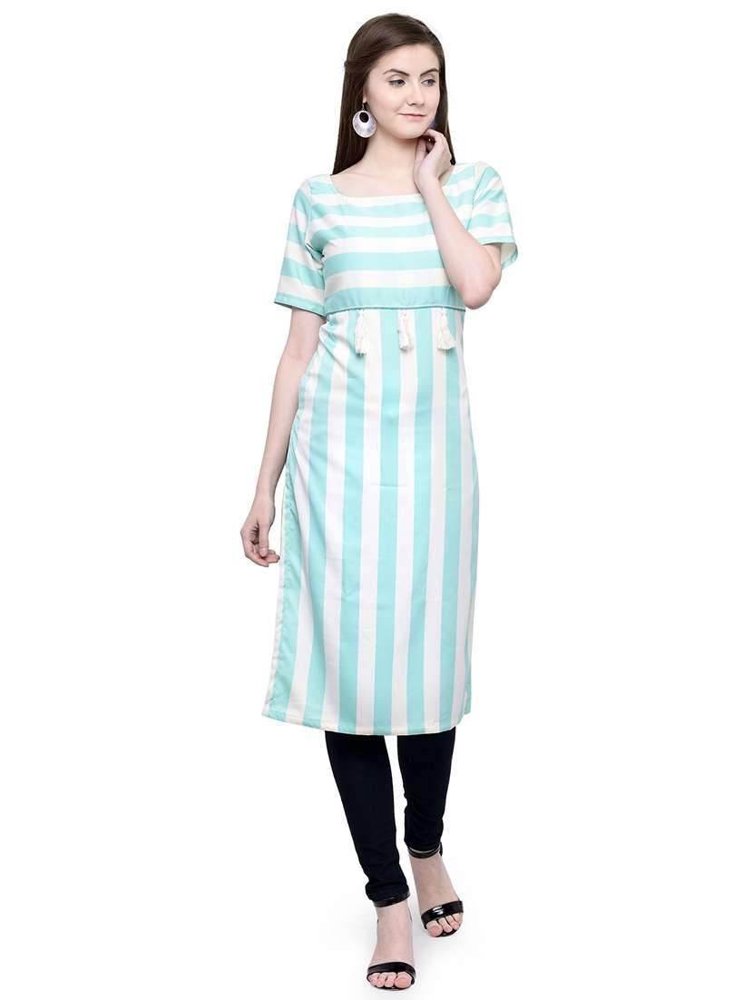 women striped short sleeve straight kurta