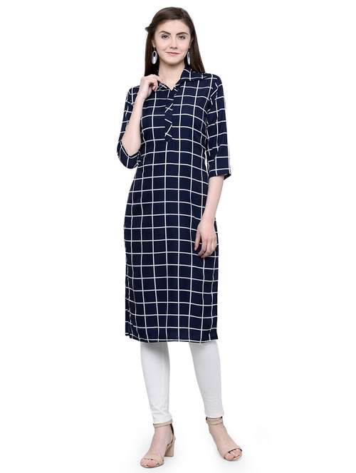 women checkered three quarter sleeve straight kurta - 22102985 -  Standard Image - 0