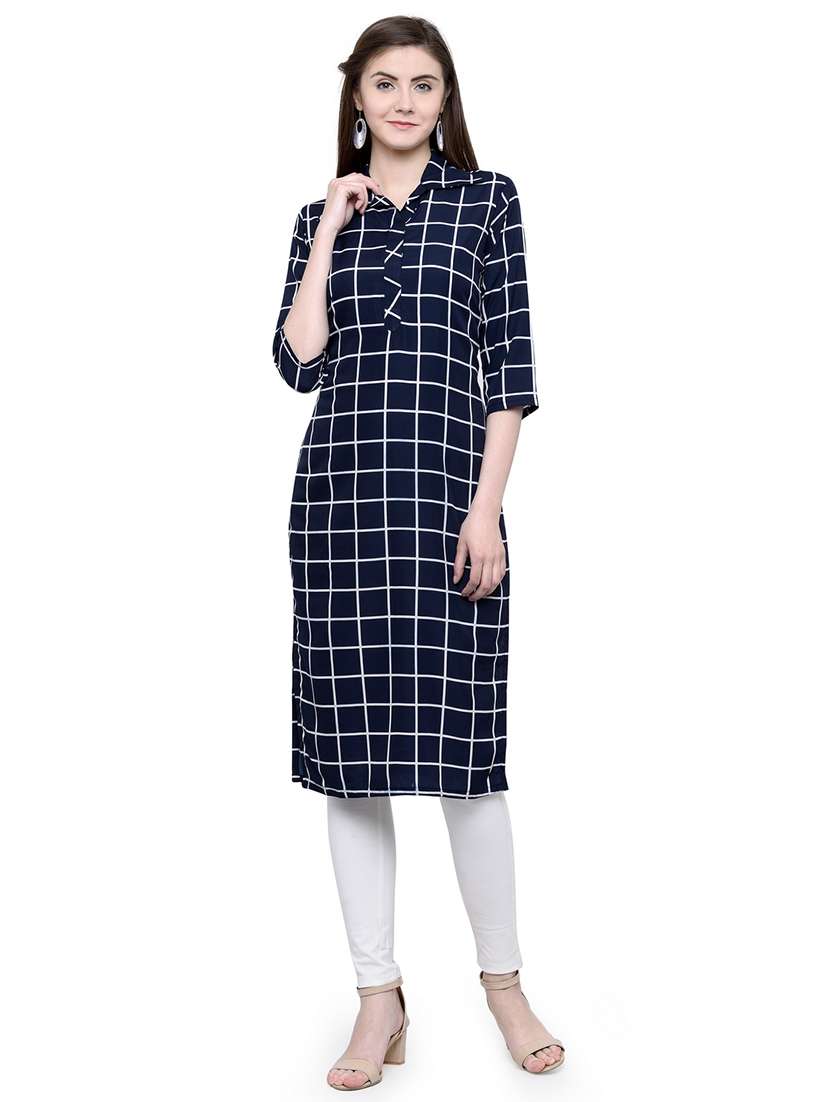 women checkered three quarter sleeve straight kurta