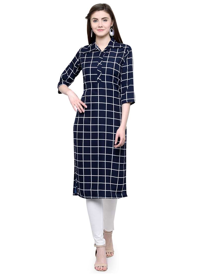 women checkered three quarter sleeve straight kurta - 22102985 -  Standard Image - 3