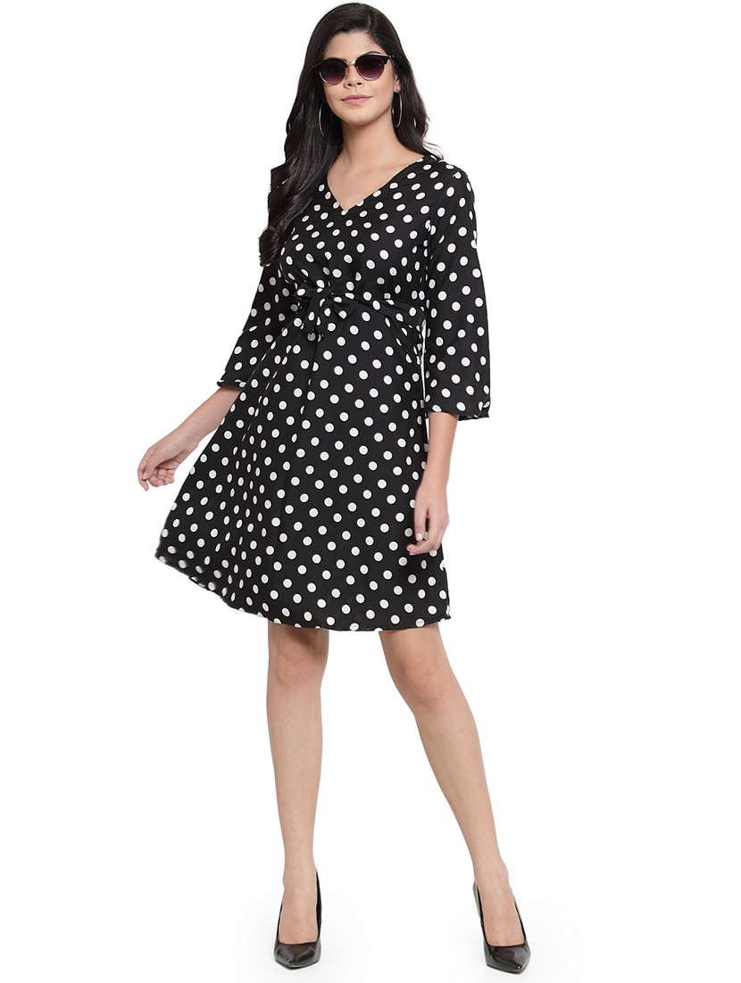 women polka doted bell sleeve a-line dress