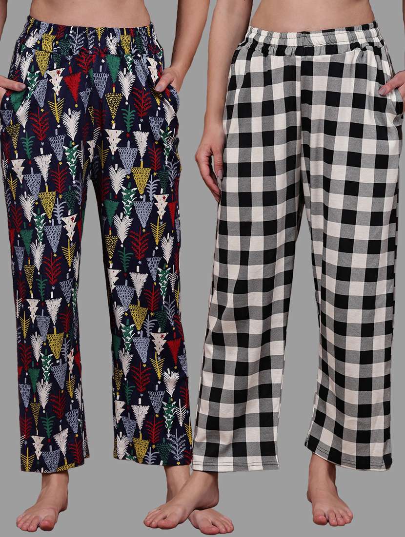 women pack of 2 printed mid rise loungewear pyjama