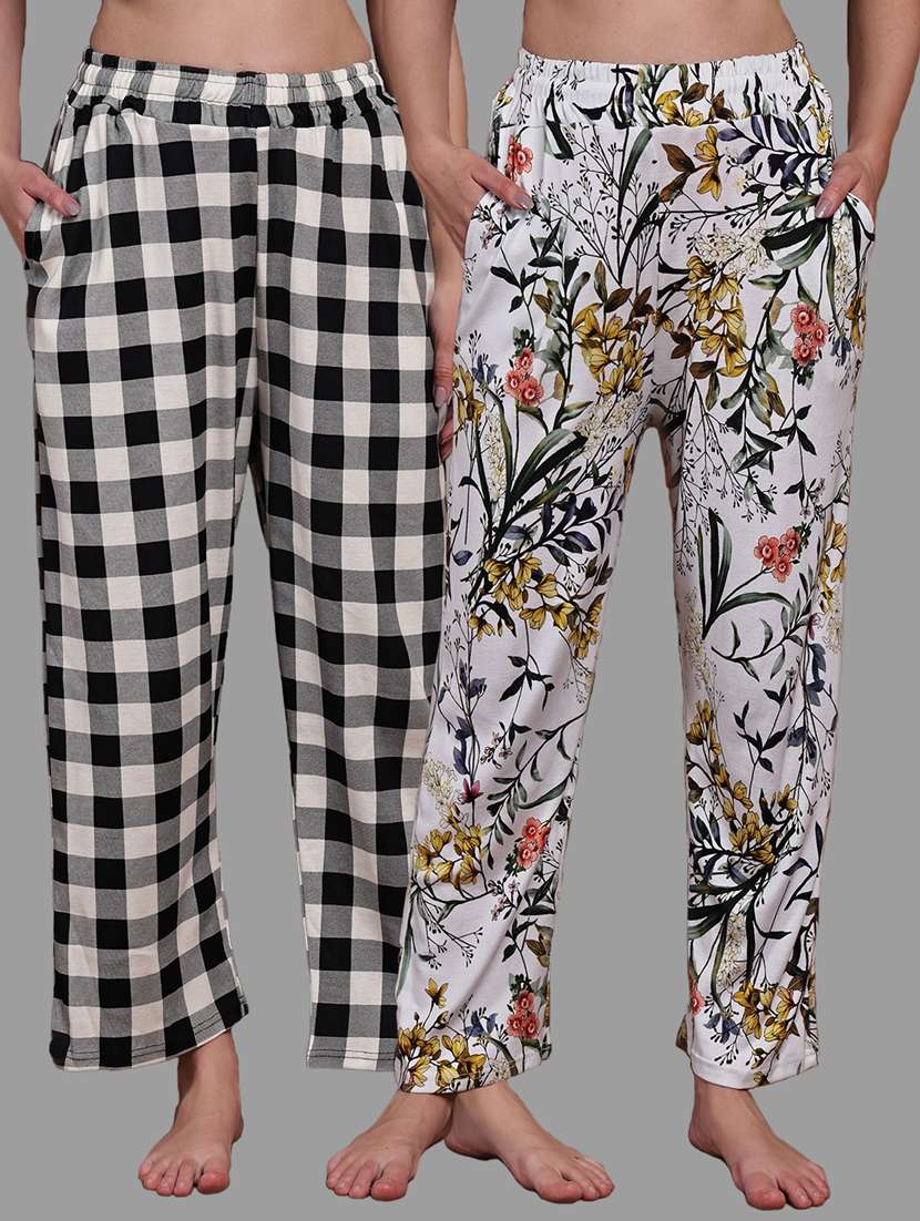 women pack of 2 printed mid rise loungewear pyjama