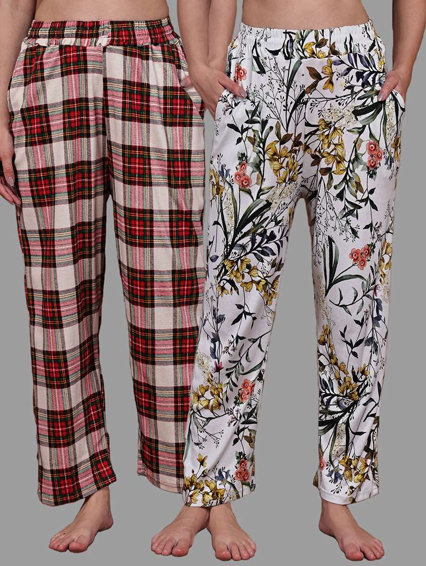 women pack of 2 printed mid rise loungewear pyjama