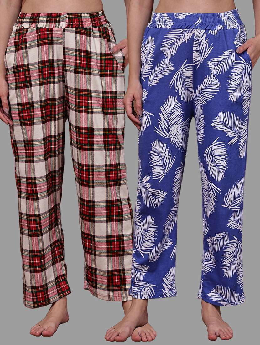 women pack of 2 printed mid rise loungewear pyjama
