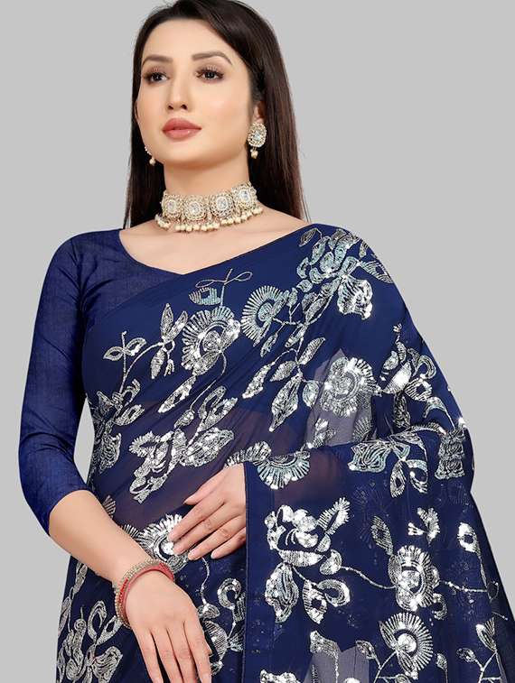 women solid with work embellished saree with blouse - 22103252 - Standard Image - 5