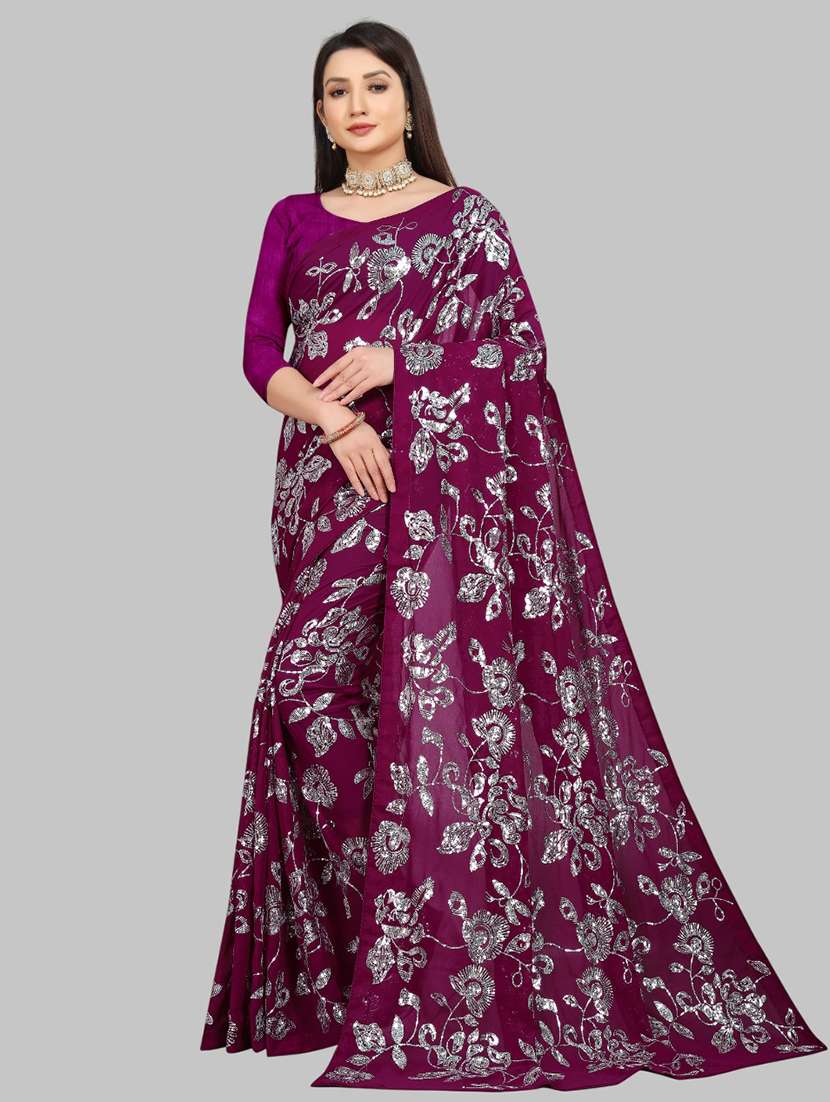 women solid with work embellished saree with blouse - 22103254 - Zoom Image - 0