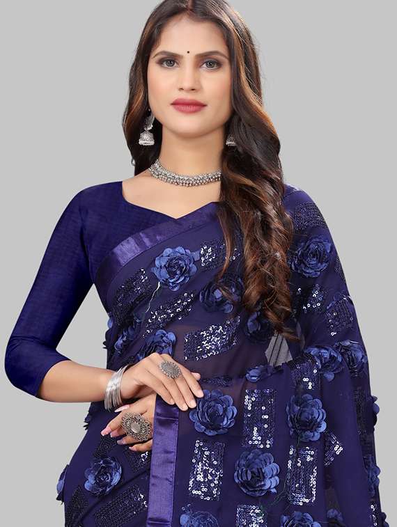 women solid with work embellished saree with blouse - 22103262 -  Standard Image - 5