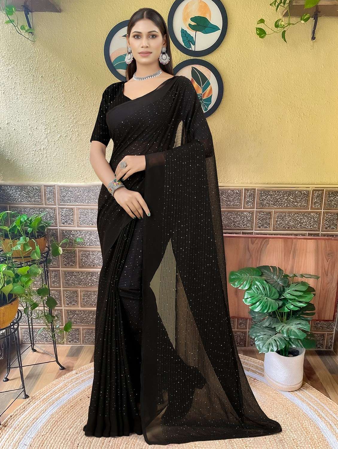 women solid with work embellished saree with blouse - 22103270 -  Zoom Image - 0