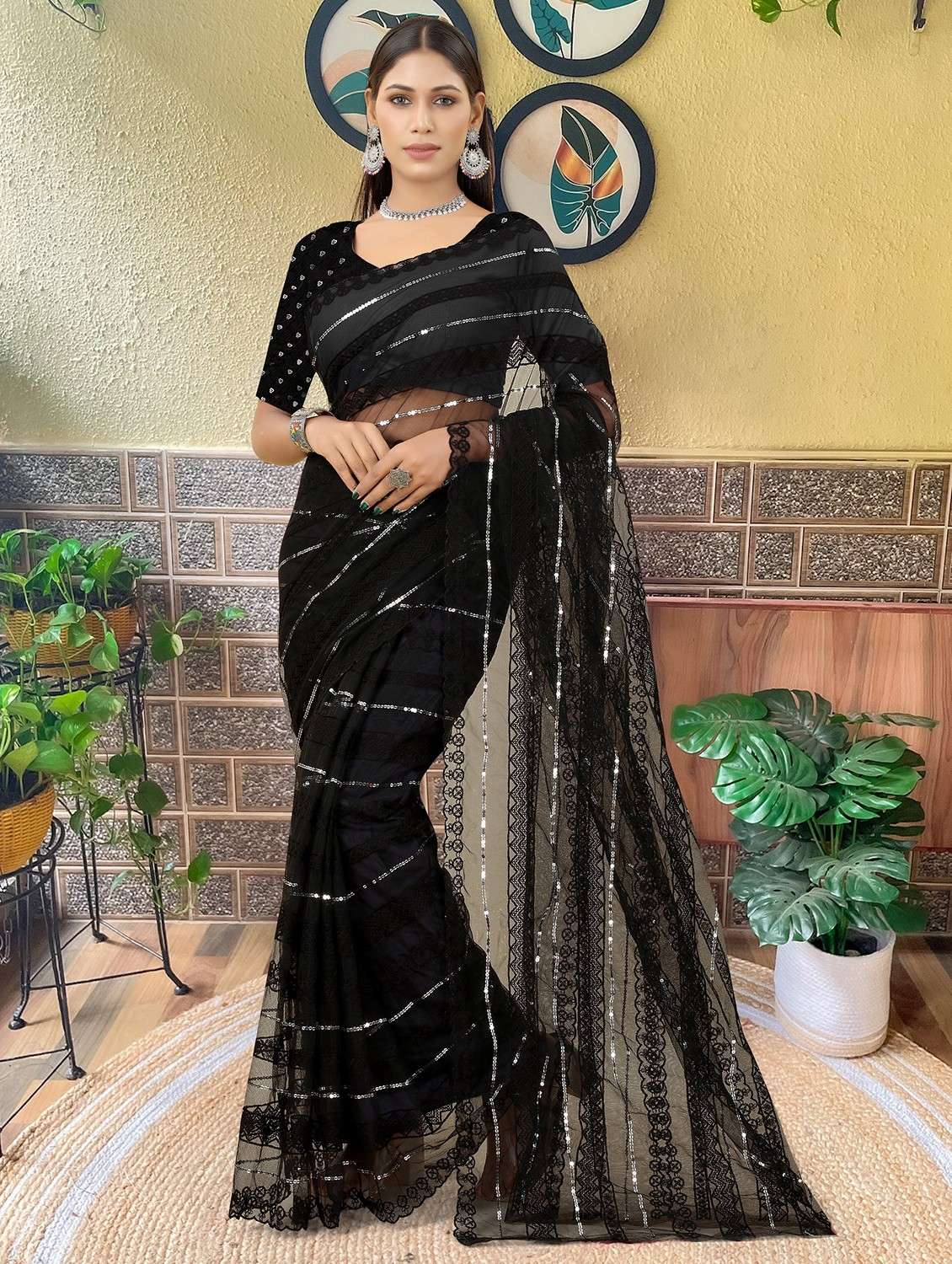 women solid with work embellished saree with blouse