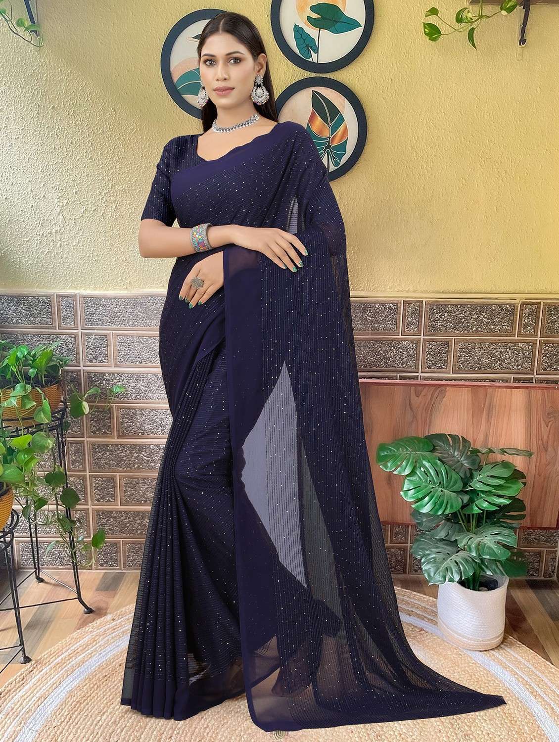 women solid with work embellished saree with blouse - 22103275 -  Zoom Image - 0