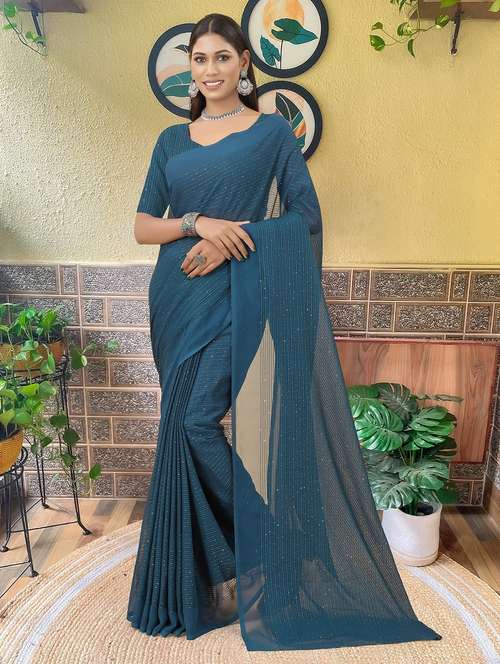 women solid with work embellished saree with blouse - 22103276 -  Standard Image - 0