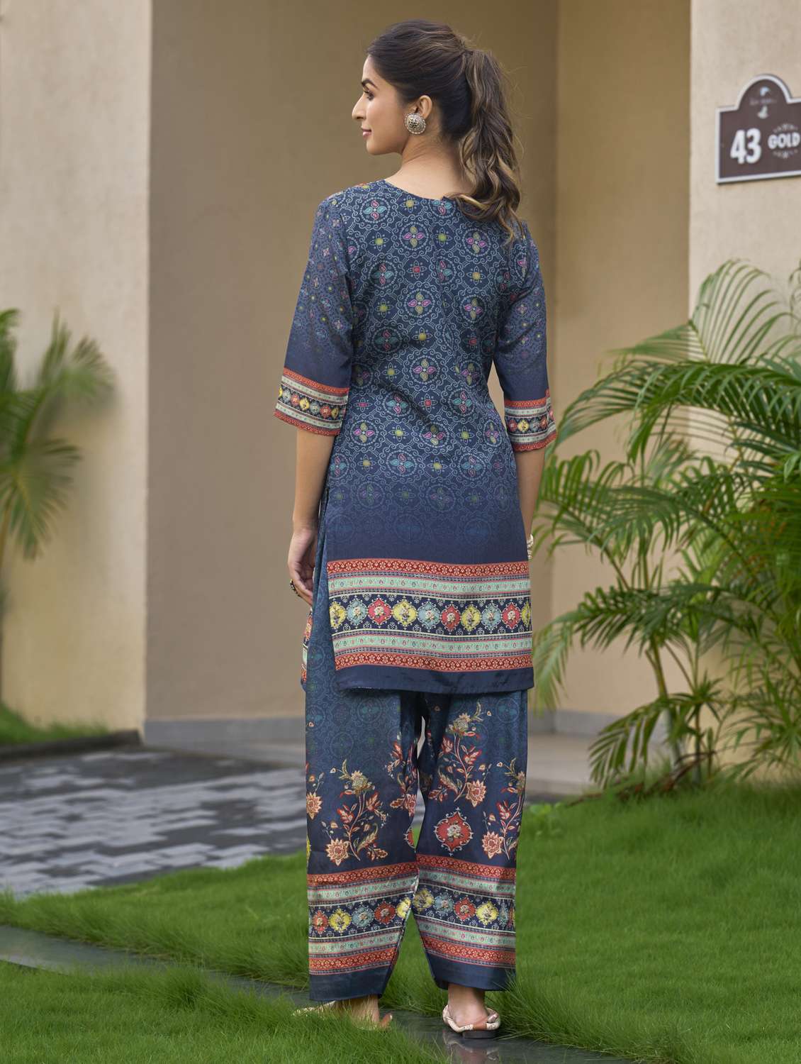 women printed three quarter sleeve ethnic co-ord set - 22103957 - Standard Image - 3