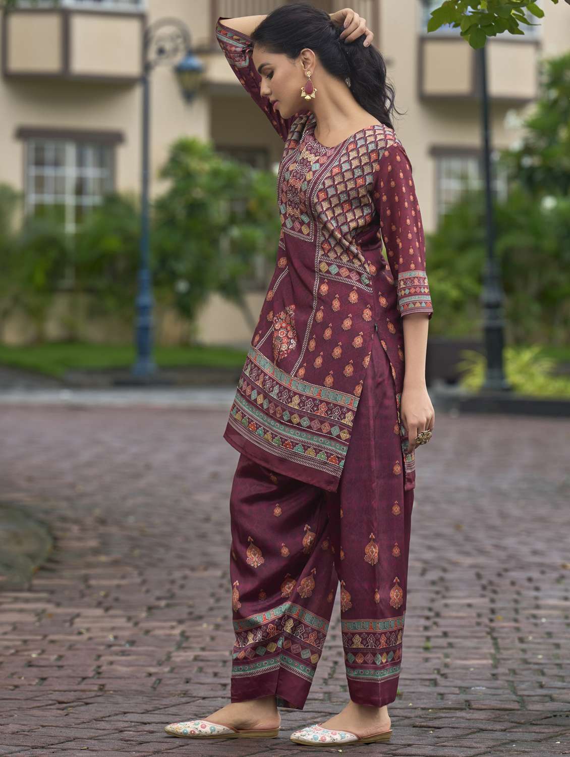 women printed three quarter sleeve ethnic co-ord set - 22103958 -  Standard Image - 3