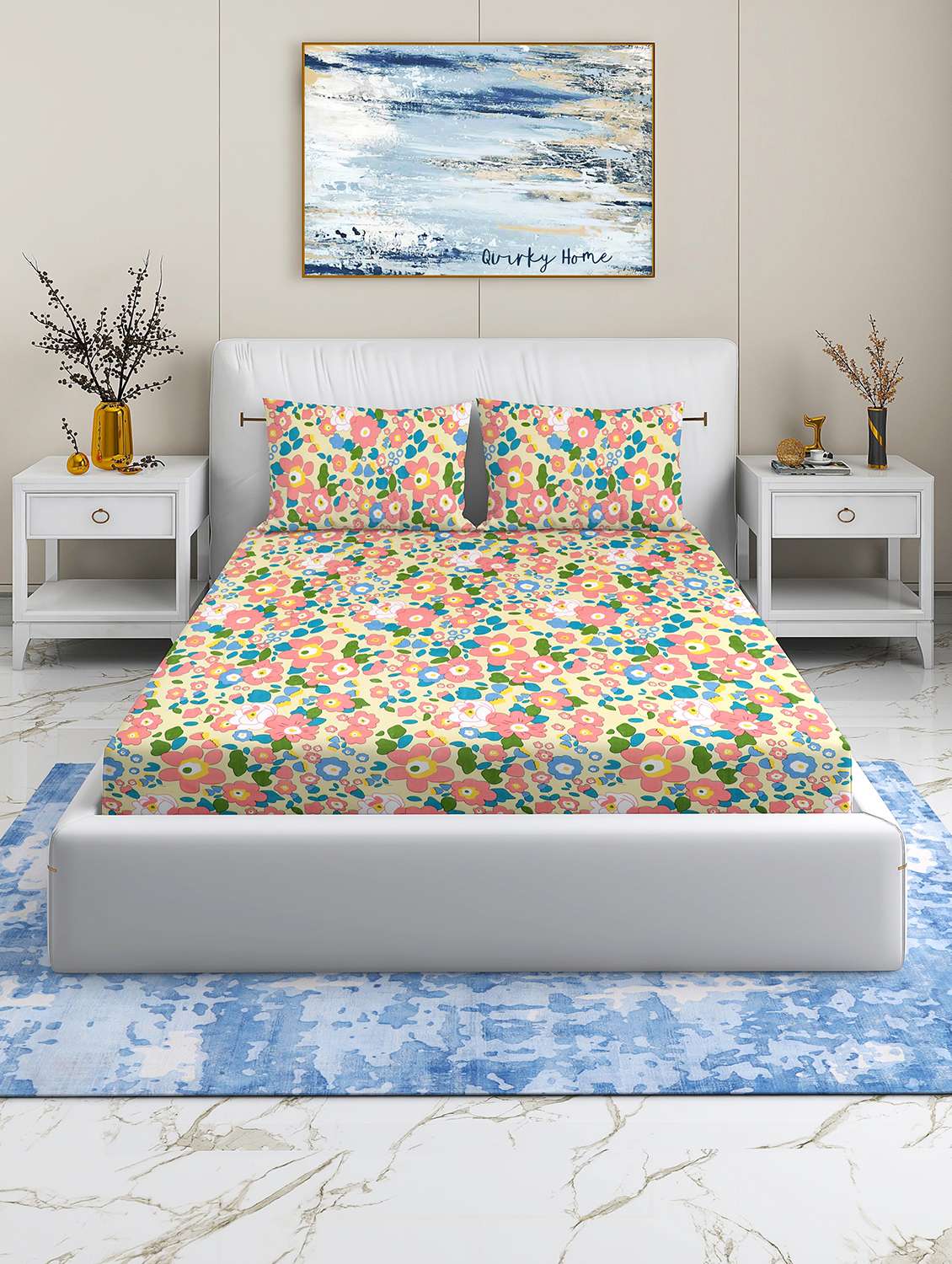 printed double bedsheet with two pillow cover