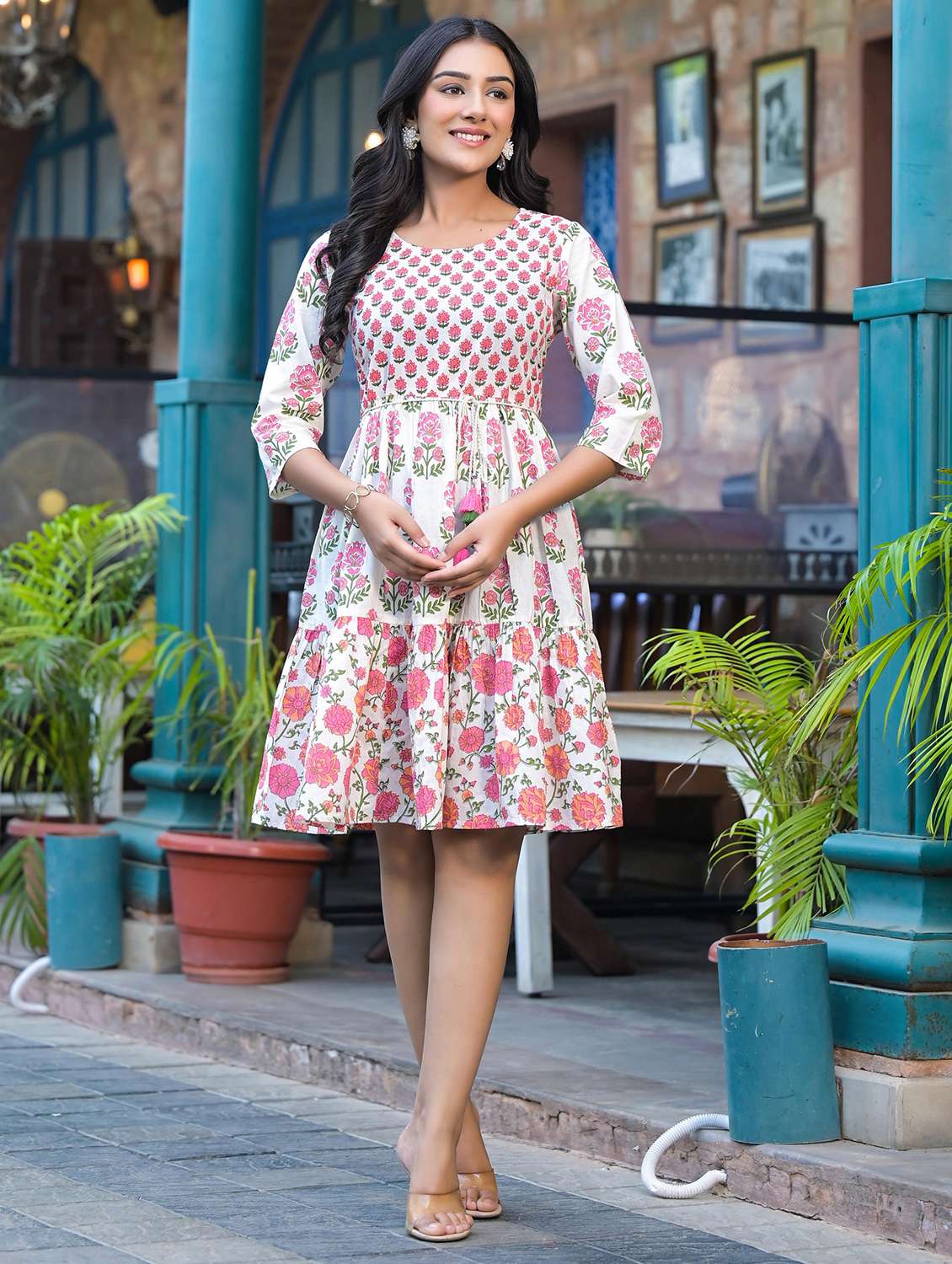 women floral three quarter sleeve tiered ethnic dress