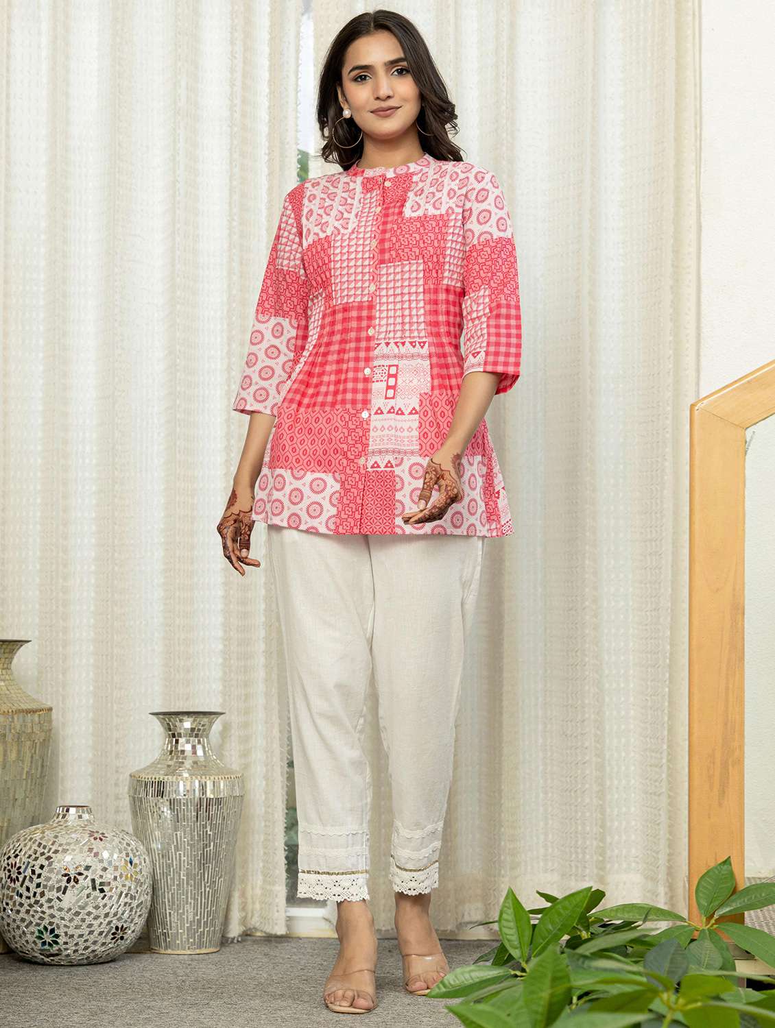 women printed three quarter sleeve a-line ethnic top - 22105352 -  Standard Image - 3