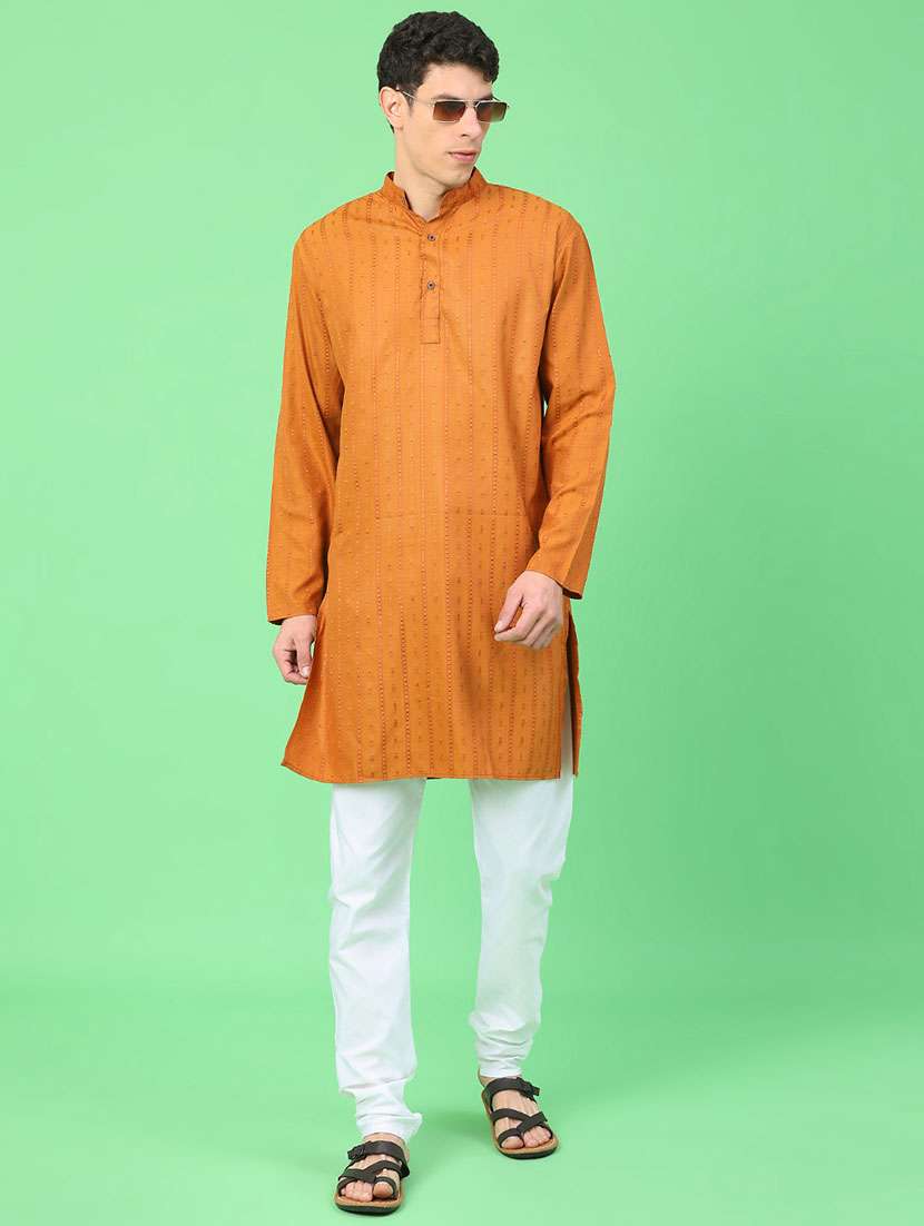 men self design mandarin neck kurta churidar ethnic wear set