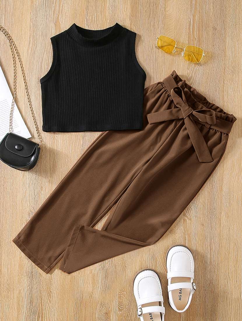 girls solid top & trouser co-ord set