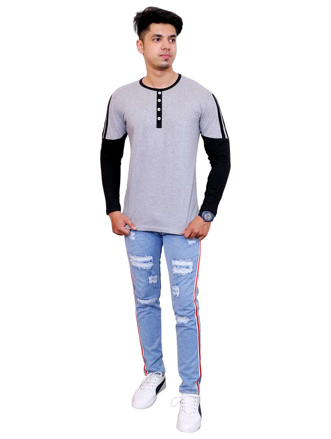 men color block long sleeve regular fit t-shirt - 22105629 -  Standard Image - 3