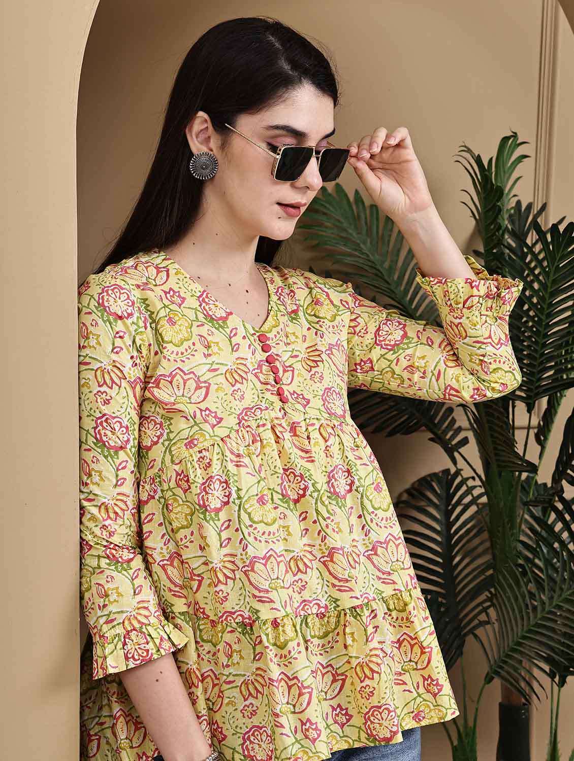 women floral printed three quarter sleeve ethnic top - 22105854 - Zoom Image - 0