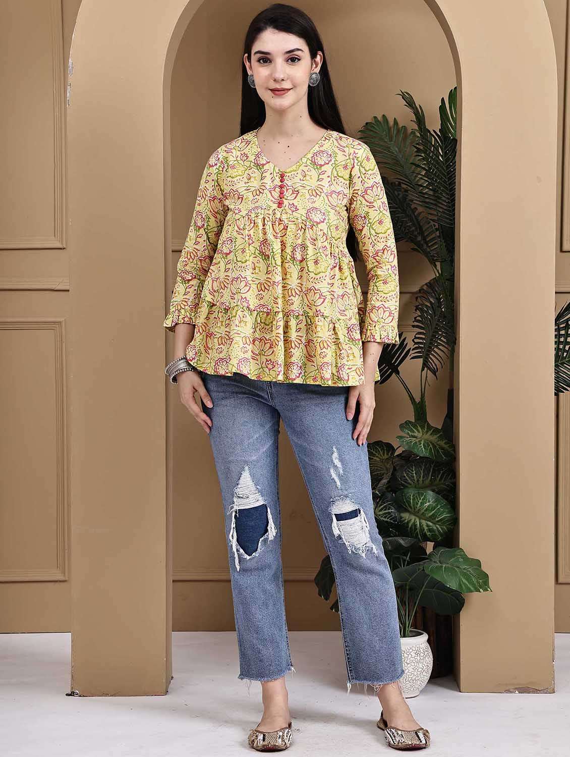 women floral printed three quarter sleeve ethnic top - 22105854 - Standard Image - 3