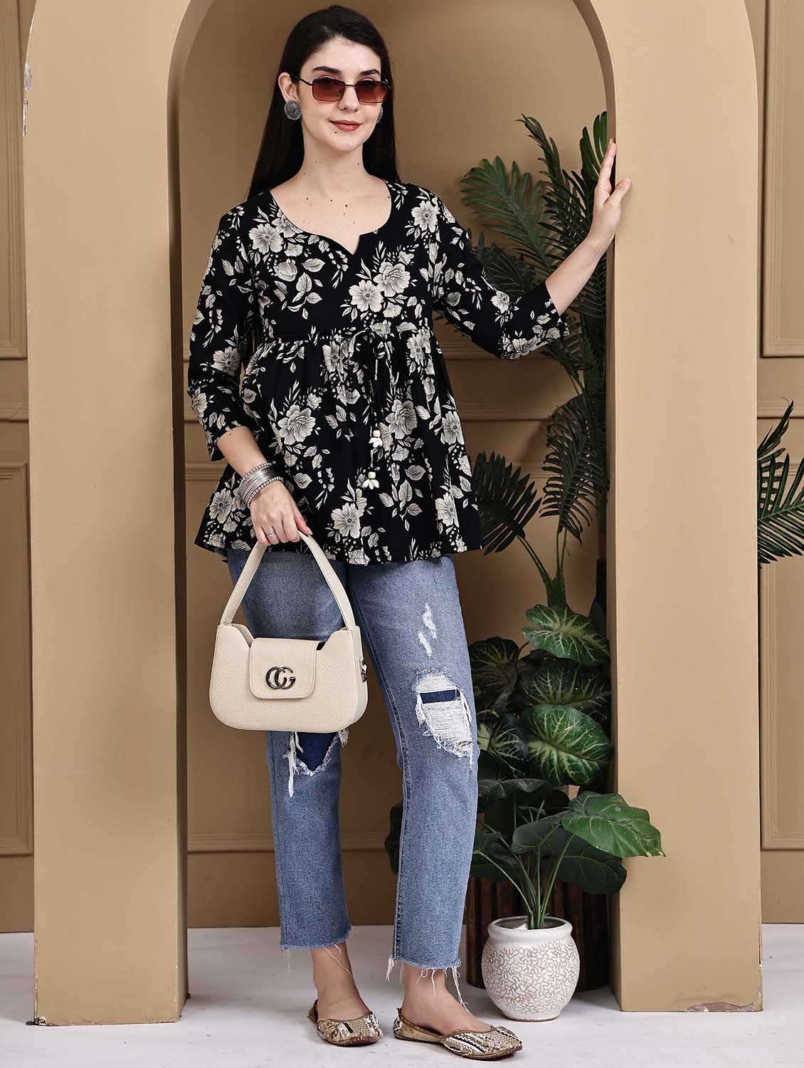 women floral printed three quarter sleeve ethnic top - 22105855 - Standard Image - 3