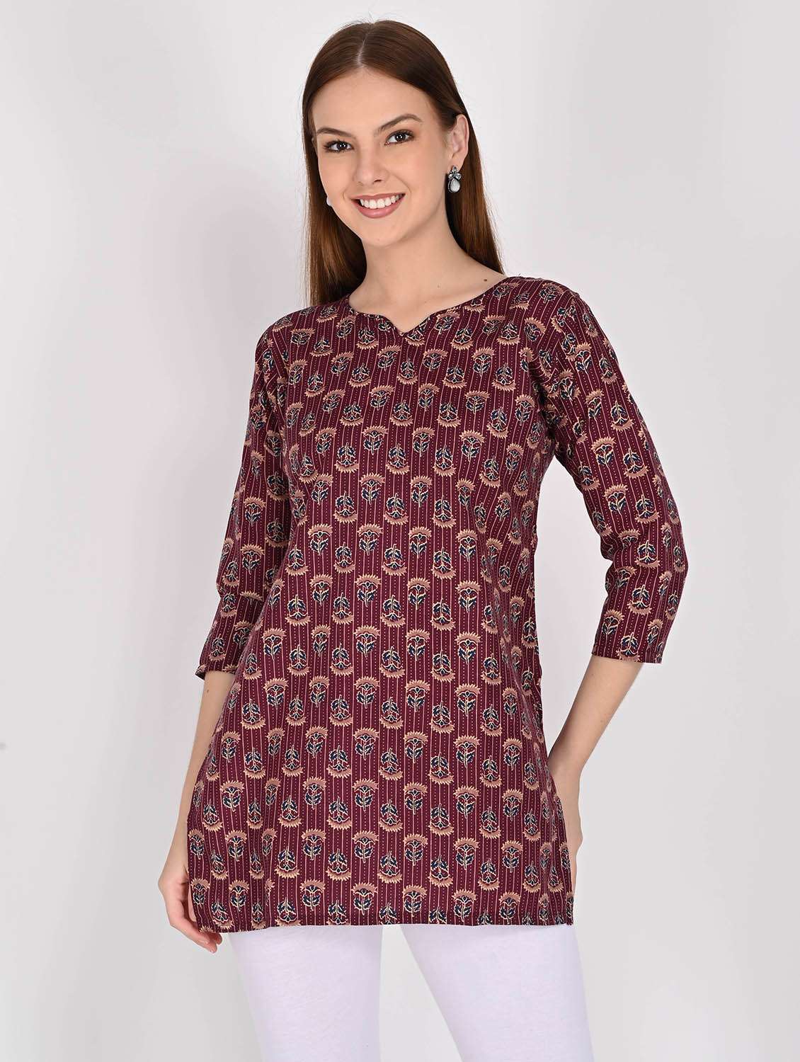 women floral printed three quarter sleeve straight kurti