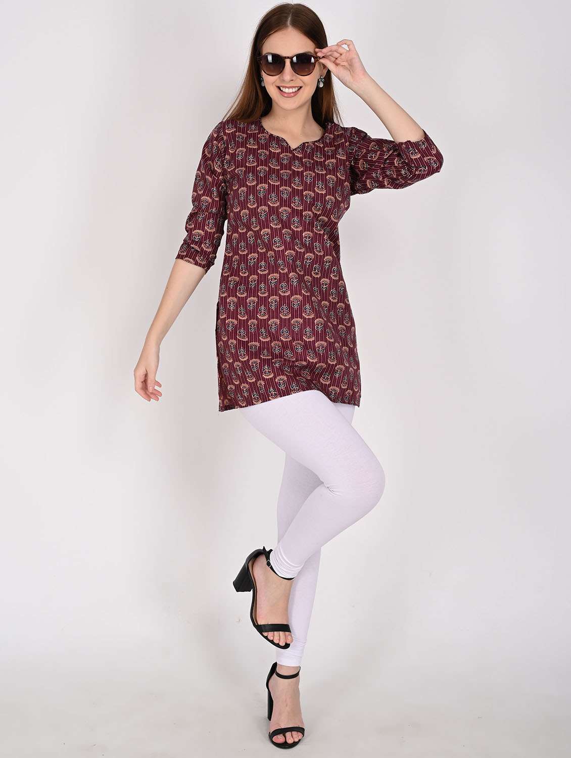 women floral printed three quarter sleeve straight kurti - 22105857 -  Standard Image - 3