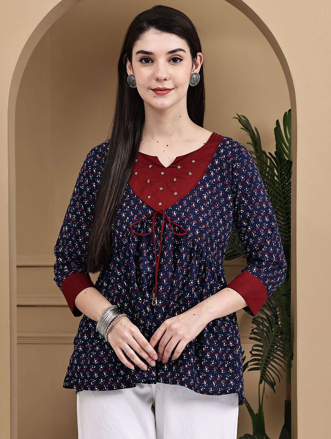 women floral printed three quarter sleeve ethnic top