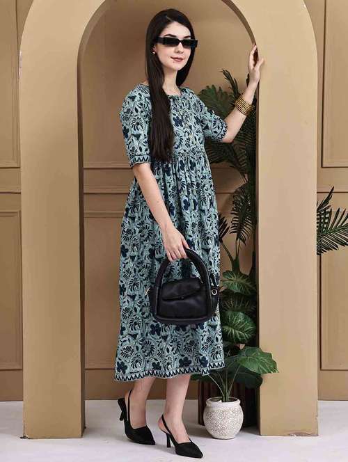 women floral printed short sleeve a-line ethnic dress - 22105864 - Standard Image - 0