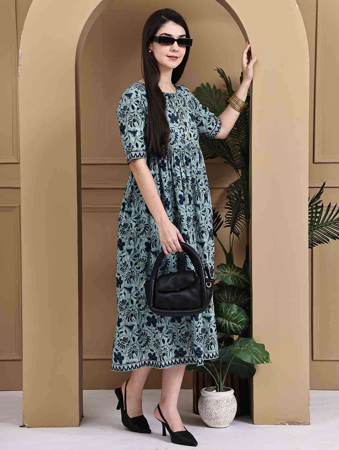 women floral printed short sleeve a-line ethnic dress