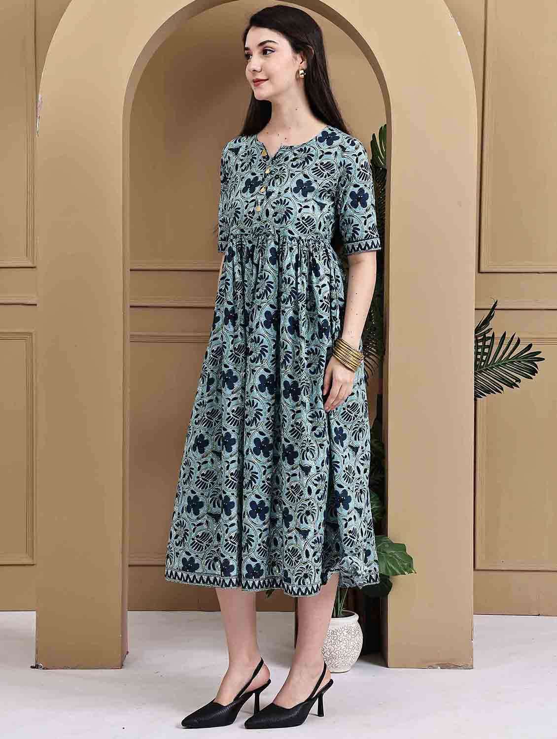 women floral printed short sleeve a-line ethnic dress - 22105865 - Standard Image - 3
