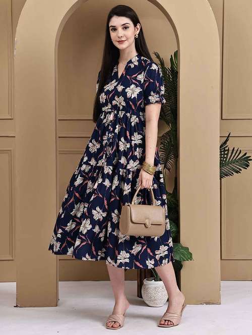 women floral printed short sleeve tiered ethnic dress - 22105869 - Standard Image - 0