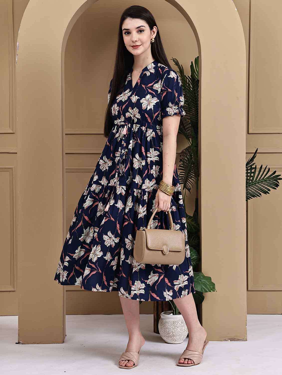 women floral printed short sleeve tiered ethnic dress