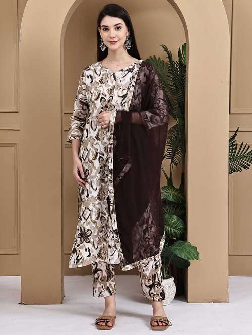 women printed three quarter sleeve kurta pant with dupatta set - 22105872 - Standard Image - 0