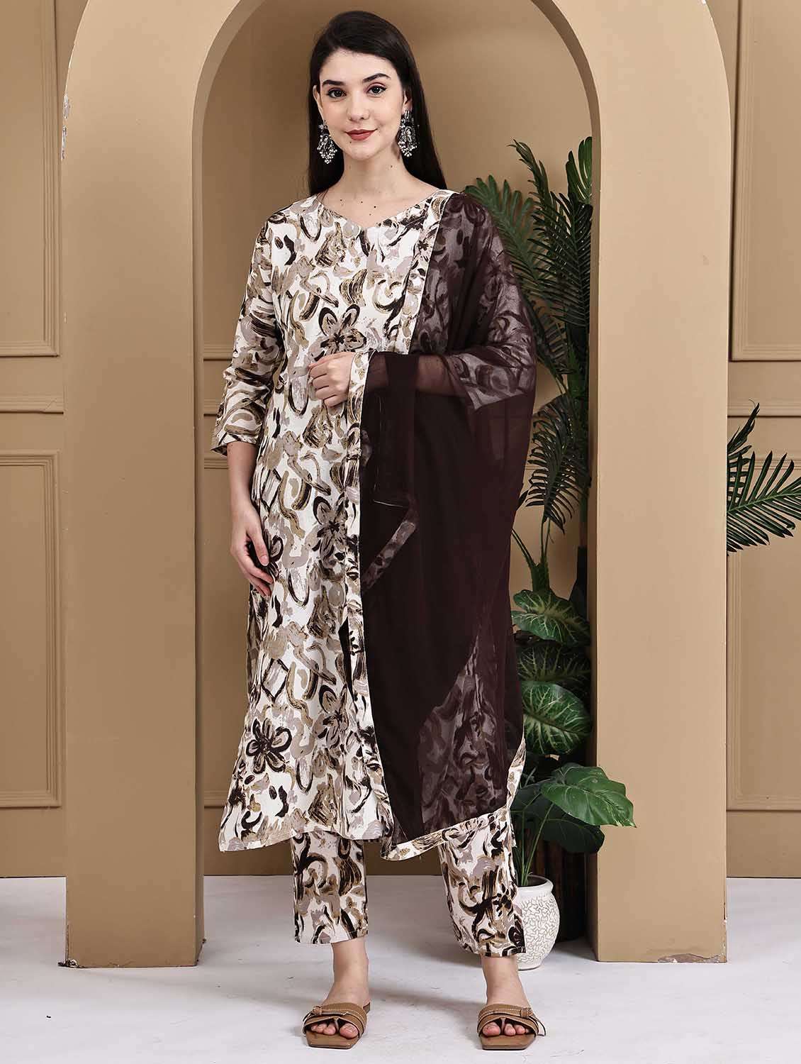 women printed three quarter sleeve kurta pant with dupatta set - 22105872 - Zoom Image - 0