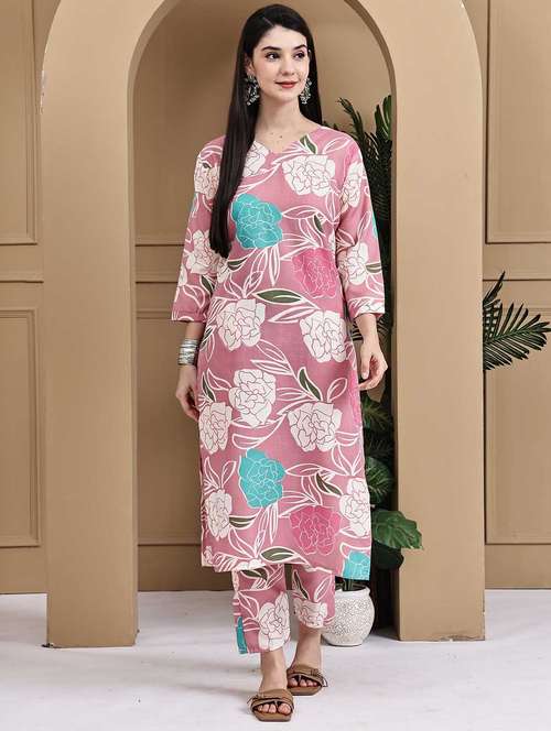 women printed three quarter sleeve kurta pant set - 22105873 - Standard Image - 0